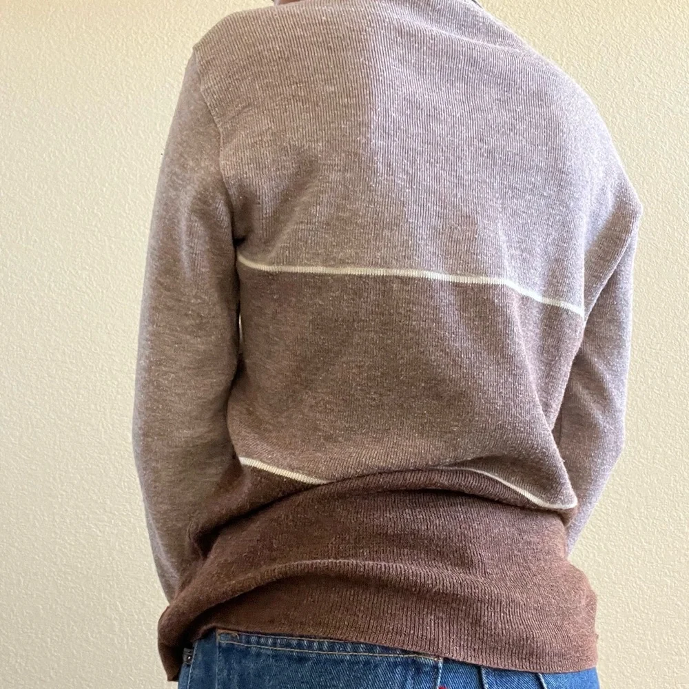 True vtg 1970s long collar quarter button up Brown monochrome striped sweater - Picture 3 of 3